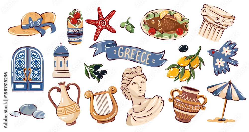 Naklejka premium Greece travel doodle icon set with Greek food, architecture, ancient art, sea symbols, pottery, landmarks and cultural elements. Cartoon style, cohesive Mediterranean theme, vector illustration