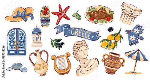 Greece travel doodle icon set with Greek food, architecture, ancient art, sea symbols, pottery, landmarks and cultural elements. Cartoon style, cohesive Mediterranean theme, vector illustration
