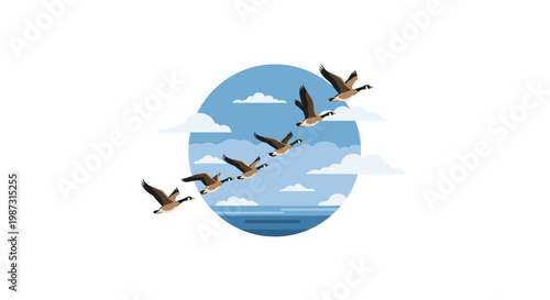 A majestic flock of Canada geese flies in a perfect diagonal formation across a serene circular blue sky backdrop featuring soft white clouds and water.