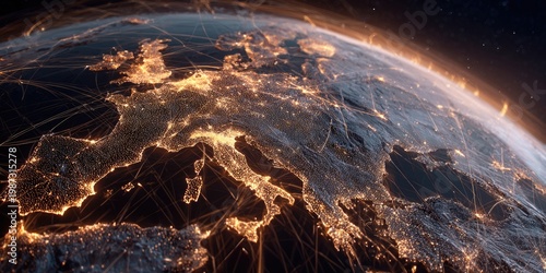 Illuminated Earth from space with glowing interconnected networks