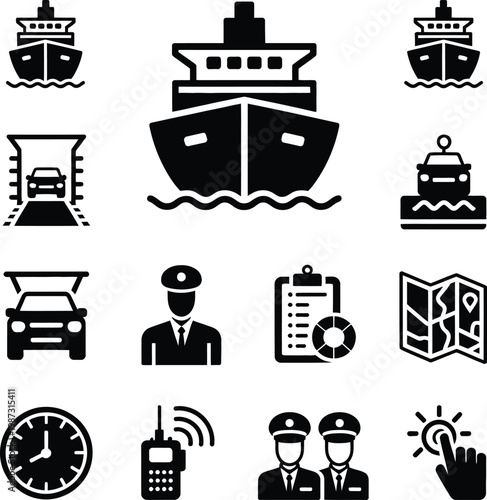Ferry Operations solid icon set of ferry arrival ferry departure docking maneuver ramp lowering vehicle loading passenger boarding representing maritime transport services port logistics 