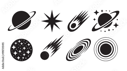 Space celestial icon set black silhouette collection