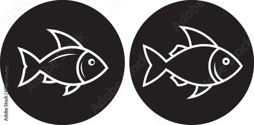Two stylized black silhouette fish icons with white outlines presented within black circles against a white background representing aquatic life or seafood silhouette illustration isolated