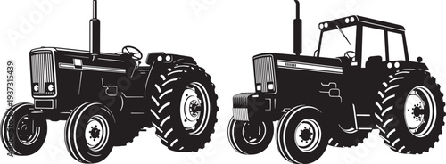 Two tractors black and white illustration farm vehicle flat design heavy equipment agriculture illustration transport machinery industry construction countryside isolated minimalist