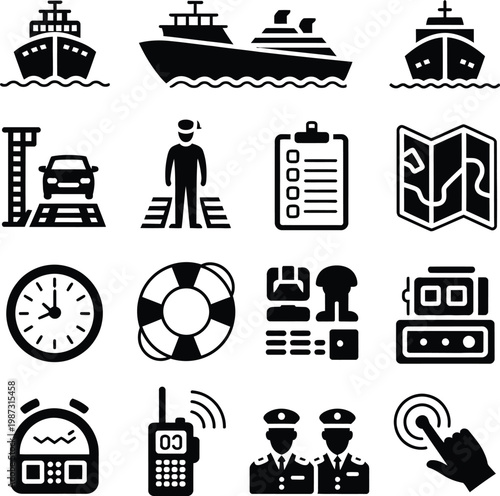 Ferry Operations solid icon set of ferry arrival ferry departure docking maneuver ramp lowering vehicle loading passenger boarding representing maritime transport services port logistics 