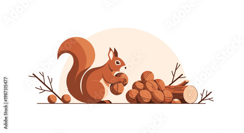 A charming brown squirrel meticulously gathers and stacks a large pile of textured walnuts near a fallen log under a warm circular peach glow in fall.