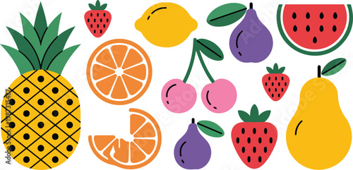 Flat Vector Illustration Set of Assorted Fruits Including Pineapple Watermelon Strawberry Lemon Pear Fig and Orange Citrus Slices.