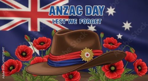A commemorative illustration featuring an australian slouch hat surrounded by red poppy flowers.