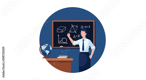A professional teacher in a crisp white shirt and tie explains complex geometric equations on a chalkboard within a dark blue circular frame.