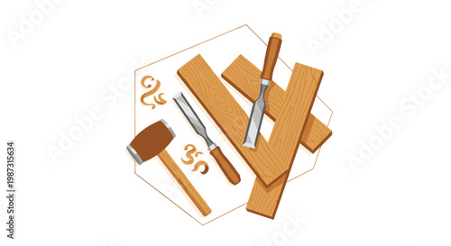 Meticulously detailed woodworking tools including a heavy wooden mallet and sharp metal chisels rest atop several overlapping light brown timber planks.