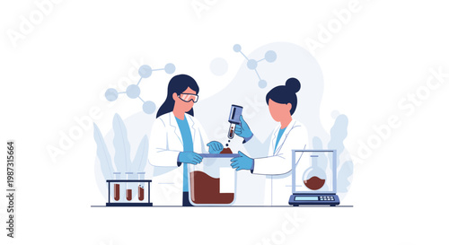 Two professional female scientists in white lab coats and blue gloves meticulously analyze dark soil samples inside a modern laboratory with glass equipment.