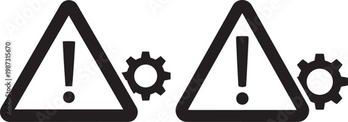 Two black warning triangle symbols with exclamation marks and gear icons indicating alerts and technical settings or issues on a white background exclamation mark triangle settings attention