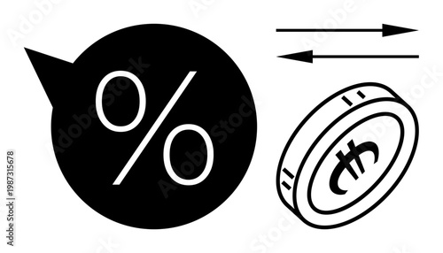 Financial investment, digital currency, transactions, interest rates, exchange, fintech industries. Black percentage symbol, Bitcoin coin and arrows . Financial investment and digital currency