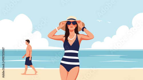 Stylish woman in a swimsuit and hat posing elegantly on a sunny beach, with a man walking in the background, embodying summer vacation and relaxation.