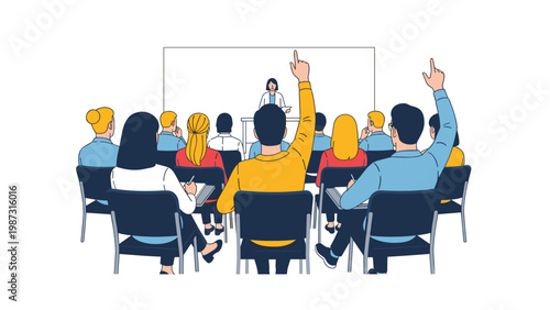 Engaged students actively participate in a classroom or conference setting, raising their hands to ask insightful questions to the instructor.