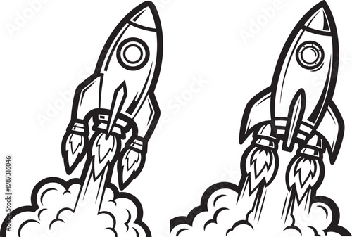 Two cartoon rockets launching with smoke trails blast off sci fi science fiction black and white start up spacecraft spaceship ignition illustration exploration adventure technology