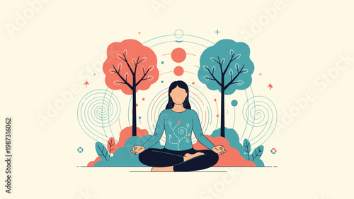 Serene woman meditates in the lotus position between two stylized trees, surrounded by swirling energy patterns symbolizing peace and nature.