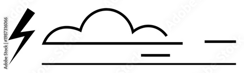 Weather forecasting, energy , climate change awareness, power outage messaging, renewable energy, and environmental studies. Lightning bolt next to a cloud with atmospheric lines. Weather forecasting