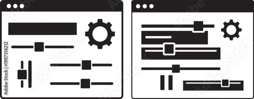 Two silhouette user interface settings panels with sliders and gears control panel black and white settings interface configuration adjustment illustration technology software computer