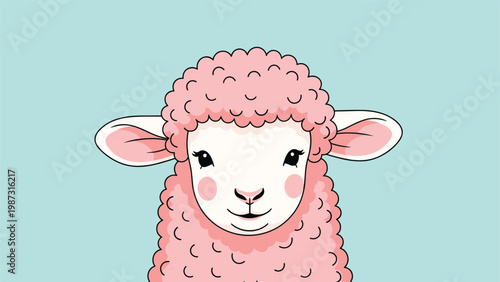 Adorable close-up illustration features a fluffy pink sheep with a sweet, smiling face, conveying innocence and charm.