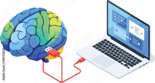Artificial Intelligence Concept: Isometric 3D Illustration of Human Brain Connected to Laptop via USB Cable, Symbolizing Machine Learning and Neural Networks.