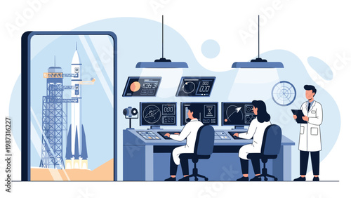Dedicated scientists monitor data on screens in a control room, with a large smartphone displaying a rocket launch, overseeing space exploration.