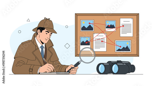 Focused detective in a trench coat diligently writes notes, using a magnifying glass to analyze interconnected clues on a cork board.