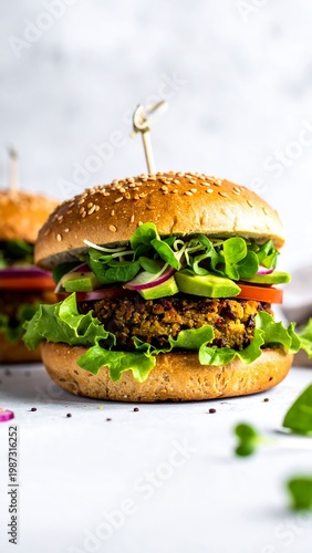 Two sesame-seeded buns sandwiching a vegetable patty with avocado, tomato, red onion, and lettuce. The burger is pierced by a wooden skewer