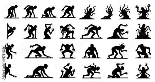 Shadow Creatures Emerging from Darkness Silhouettes Set Pack Editable Vector Stroke Illustration. featuring more monster, creature, horror, creepy, scary, zombie, undead, vector silhouettes.