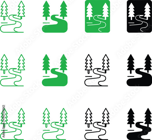 Forest path icons nature trail symbols with evergreen trees representing outdoor hiking navigation eco tourism woodland exploration and environmental conservation themed