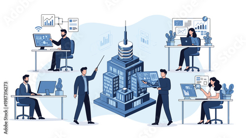 Isometric illustration of a central building surrounded by business professionals analyzing data on computers, representing a modern corporate hub.