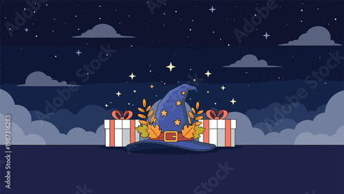 Enchanting pixel art scene showcases a witch's hat adorned with autumn leaves, flanked by two gift boxes under a starry night sky.