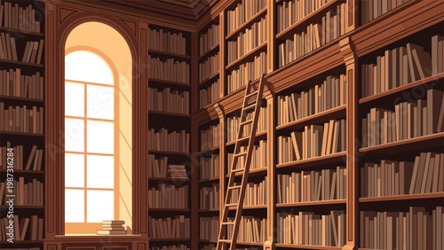 Grand pixel art library features towering wooden bookshelves overflowing with books, an access ladder, and a beautifully arched window.