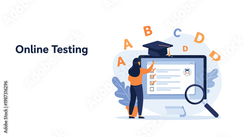 Dedicated woman takes an "Online Testing" exam on a large computer screen, symbolizing modern e-learning and digital assessment methods.