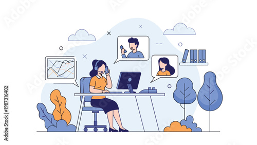 Professional woman with a headset works diligently at her desk, engaged in customer support, telemarketing, or online consultation calls.