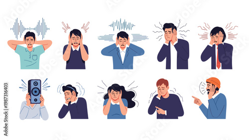 Diverse set of people reacts to loud noise, covering their ears and expressing discomfort, pain, or annoyance from sound pollution.