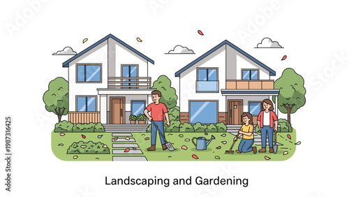 Active families diligently engage in landscaping and gardening activities, raking leaves and tending to their beautiful home exteriors.