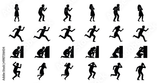 Haunted House Human Reactions Silhouettes Set Pack Editable Vector Stroke Illustration. featuring more  people, fear, panic, running, hiding, emotion, reaction, behavior, character, set silhouettes.