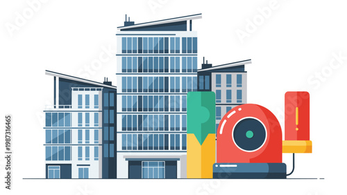 Modern city buildings are overseen by a large red security camera with a warning sign, symbolizing urban surveillance and smart city security.