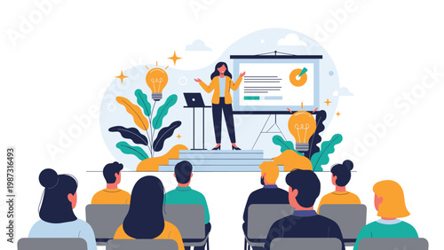 Dynamic woman delivers an engaging presentation in a lecture hall to an attentive audience, surrounded by lightbulbs symbolizing innovative ideas.