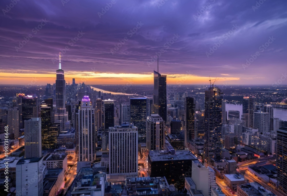 Fototapeta premium Beautiful purple twilight sky and modern city skyline