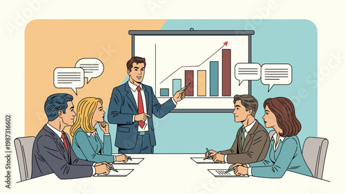 Confident businessman delivers a compelling presentation to attentive colleagues in a meeting room, illustrating positive growth trends on a projected bar chart.