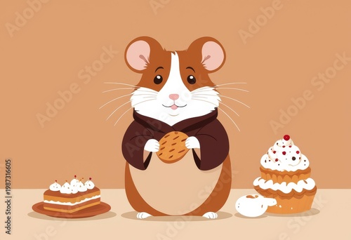 Cute hamster illustration holding a cookie surrounded by sweets