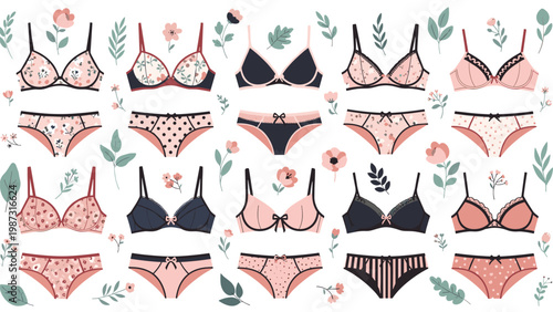 Extensive collection of beautifully designed bras and matching panties in various styles, adorned with delicate floral and leaf patterns, showcasing comfortable and elegant intimate apparel.