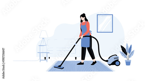 Diligent woman efficiently vacuums a rug in a bright, minimalist living room, illustrating routine household chores and maintaining a clean, tidy home environment.