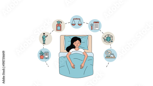 Peaceful woman sleeps soundly in bed, surrounded by a circular array of icons representing her dreams, daily tasks, and aspirations, highlighting a balanced life.