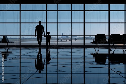 Silhouettes of father and son watch plane through airport window