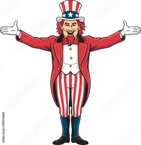 Cartoon uncle sam welcomes with open arms embodying patriotic american spirit
