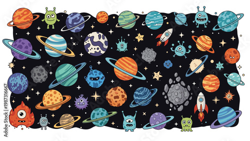 Whimsical pattern featuring colorful planets, futuristic rockets, and an array of adorable alien monsters floating amidst stars in a dark, imaginative outer space setting.