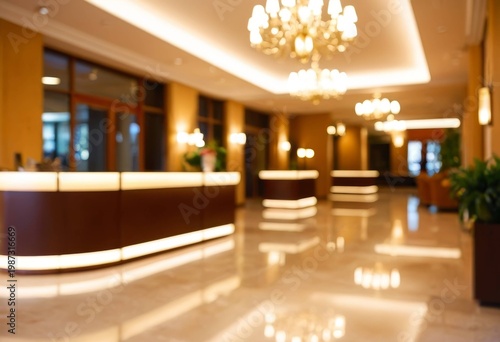 Blurred background of luxury hotel lobby and reception desk